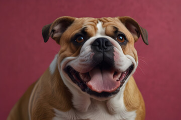 Obraz premium Smiling Bulldog dog with happy expression face Isolated on magenta, hot pink background detail prompt