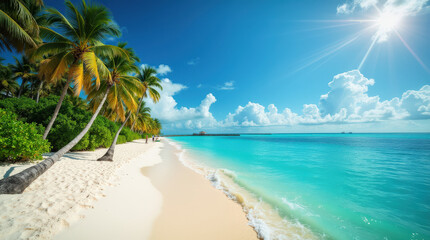 Fototapeta premium Vibrant Tropical Beach and Sunset Photos - Idyllic Coastlines, Crystal Blue Waters, and Lush Palms in Bali and Tulum