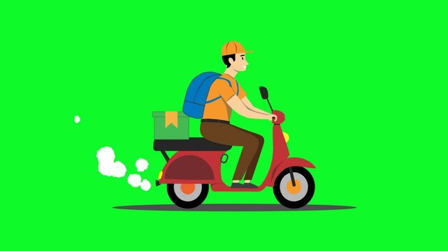 Animation of delivery boy riding scooter with delivery box. delivery service concept, video animation. greenscreen