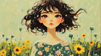 A painting of a girl in a flower field  with curly hair and brown eyes, wearing a dress with a floral pattern
