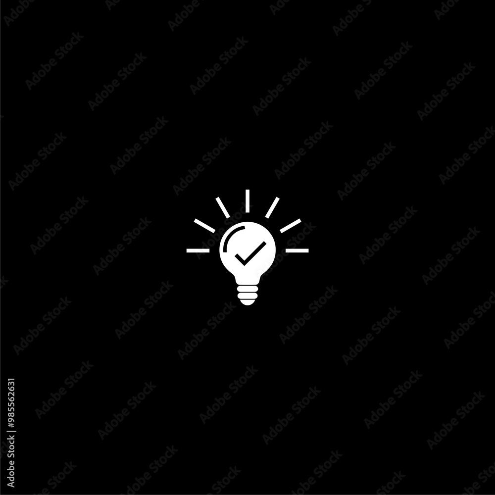 Poster check mark in light bulb icon isolated on dark background