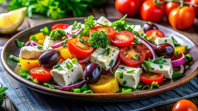 Savor the delicious mofeta, beautifully garnished with fresh vegetables and herbs, creating a vibrant and flavorful