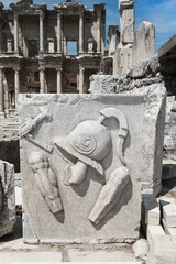 View of ruins surrounding the Library of Celsius from the Marble Street in ancient Ephesus Turkey