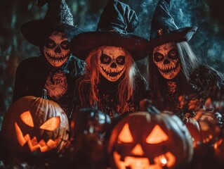 Halloween party setup with themed costumes, Fancy dress outfits, Group costume ideas for a spooky night