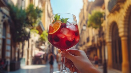 a glass of sangria, a classic Spanish alcoholic beverage, on the major cathedral square in Valencia's historic district