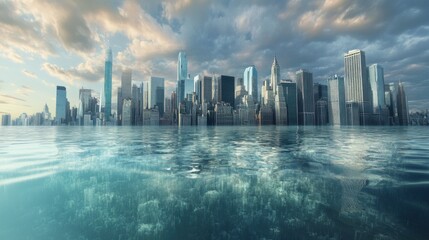 A city skyline is reflected in the water