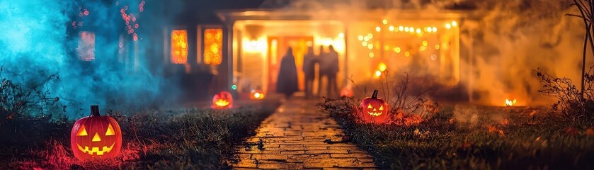 Ghost decorations hanging in a haunted backyard, Spooky outdoor setup, Halloween lights and fog effects creating an eerie atmosphere.