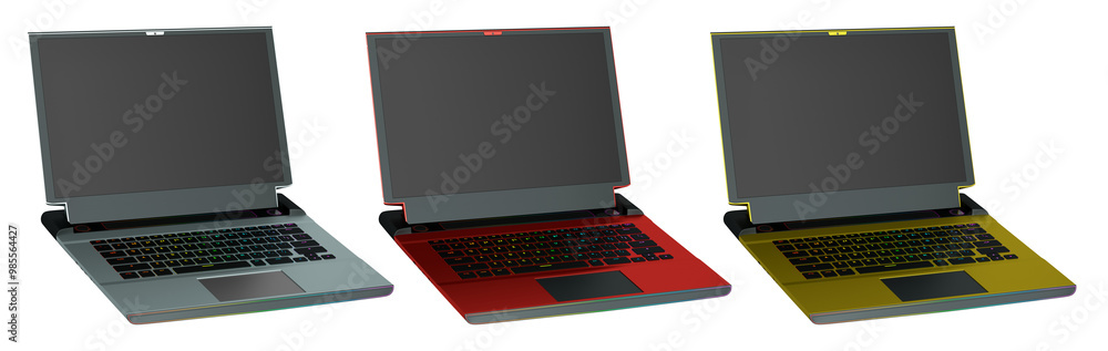 Poster set of modern laptops with rgb lights isolated on white background with clipping path. 3d render of 