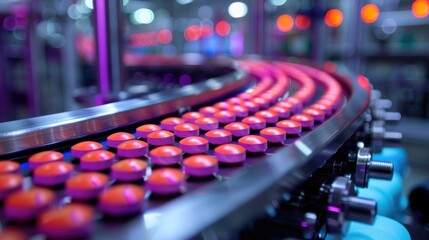 A close-up of pink pills moving along a conveyor belt in a pharmaceutical factory.
