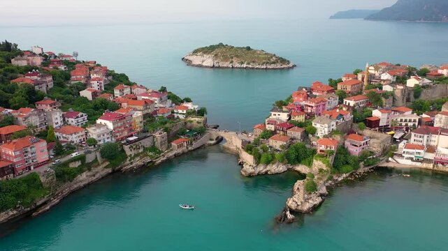 Beautiful cityscape on the mountains over Black-sea, Amasra. Amasra traditional Turkish architecture
