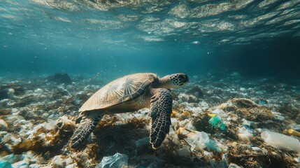 Naklejka premium A turtle is swimming in the ocean with plastic debris in the water