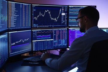 A financial analyst examines market trends through various displays filled with dynamic charts and graphs in a sleek office setting.