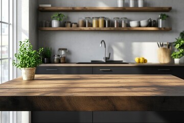 Empty top table for product or food montage with modern kitchen room background with generative ai