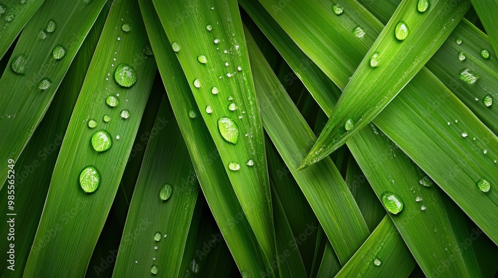 Poster close-up of dewy green grass blades, creating a fresh and natural background with plenty of room for