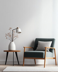 Stylish armchair, table lamp, and vase with flowers in modern interior space.