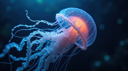 Fototapeta premium Stunning Close-up Jellyfish Portraits in Underwater World: Bioluminescent and Vibrant Marine Life
