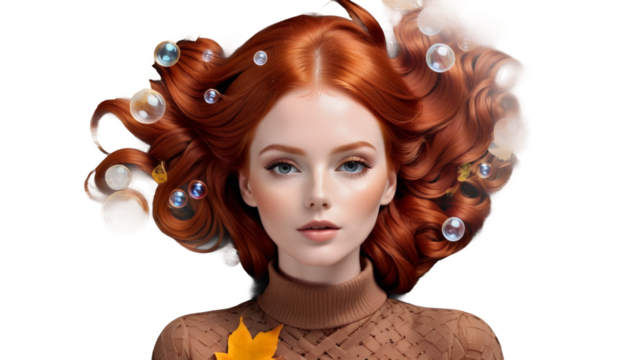 bubbles colors pastel text woman smoke posing card greeting fashion redhead season setting beautiful leaves fall muted flowers surrounded outfit portrait style autumn copy space bubble foam autumn