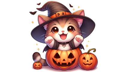 Cute Cat with Pumpkins , Halloween , Animation Style, Happy and Beautiful, Design for T-Shirts, Stickers, or Any Product, White Background, AI-Generated