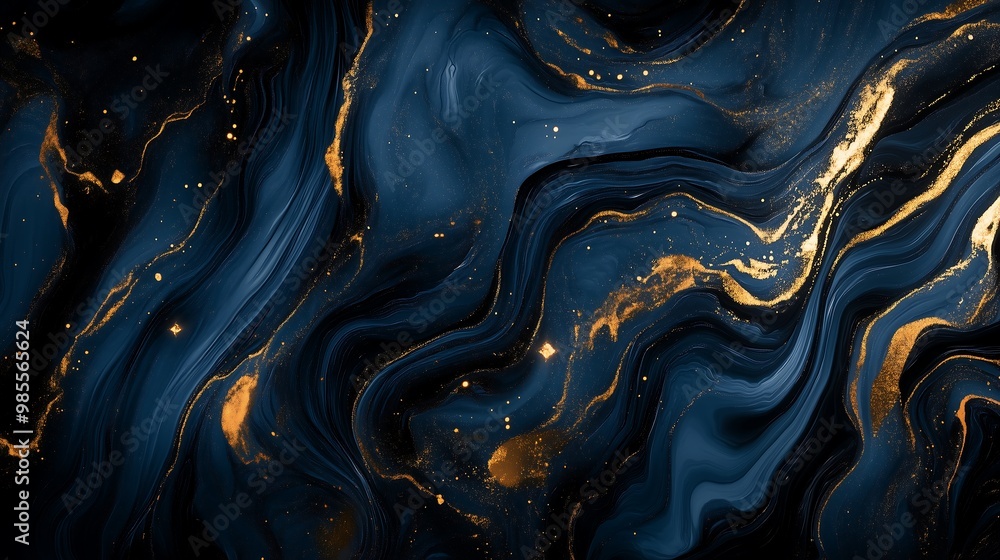 Poster waves of liquid ink in navy blue and golden lines random pattern, seamless color waves abstract back