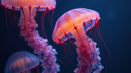 Fototapeta premium Stunning Close-up Jellyfish Portraits in Underwater World: Bioluminescent and Vibrant Marine Life
