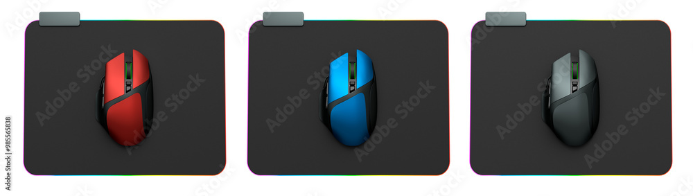 Poster set of wireless gaming computer mouse on pad isolated on white background with clipping path. 3d ren