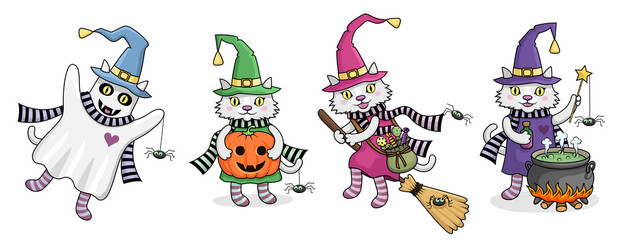 Halloween cats. Vector sticker set.