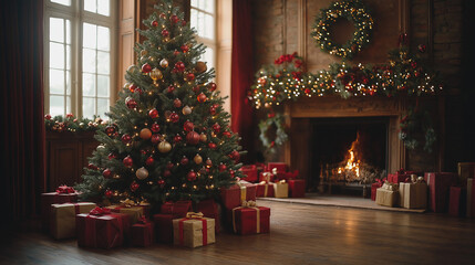 Pile of gift boxes near beautiful Christmas tree indoors. Beautiful New Year background with a Christmas tree and a bunch of presents underneath it
