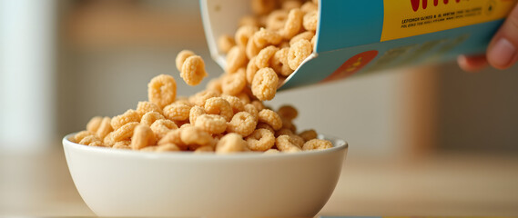 Pouring cereal from a colorful box into a white bowl for a delicious breakfast