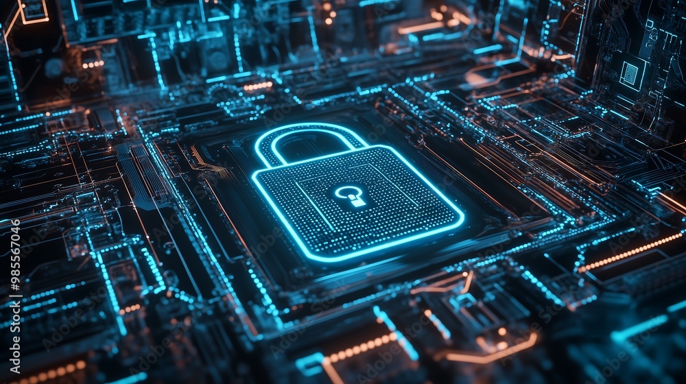 Poster digital padlock symbol with blue lock on binary technological background design illustration, high t