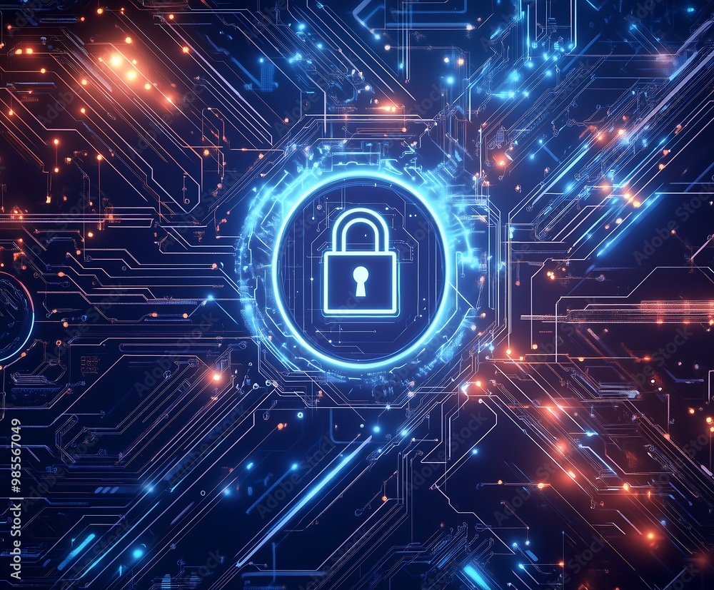Poster digital padlock symbol with blue lock on binary technological background design illustration, high t