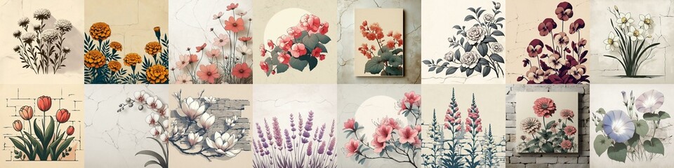 Flowers drawing on stone wall. Vintage style. AI generated illustration