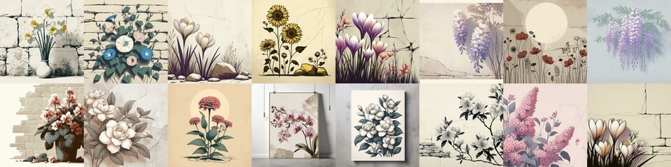 Obraz premium Flowers drawing on stone wall. Vintage style. AI generated illustration