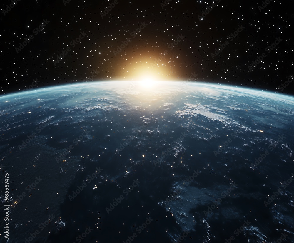 Poster planet in space with a shiny star rays behind the planet in endless galaxy