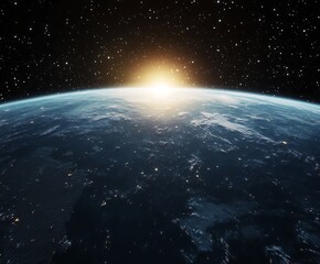 Fototapeta premium Planet in space with a shiny star rays behind the planet in endless galaxy