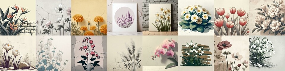 Flowers drawing on stone wall. Vintage style. AI generated illustration