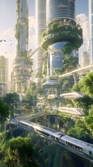 Futuristic environment friendly city full of moss and green plants on walls and building of city, modern city natural view with fast trains and tall towers