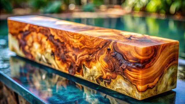 Beautiful afzelia burl wood bar casting with epoxy resin stabilizing for blanks on blurred background