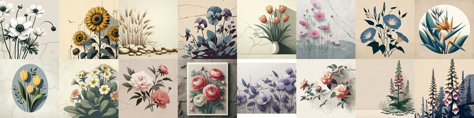 Obraz premium Flowers drawing on stone wall. Vintage style. AI generated illustration