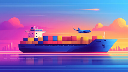 Fototapeta premium cargo ship with colorful containers sails under vibrant sunset sky