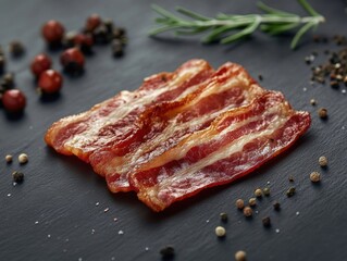 Obraz premium Bacon Strips on Table with Pepper and Peppercorns