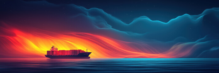 vibrant cargo ship sails through colorful waves under starry sky