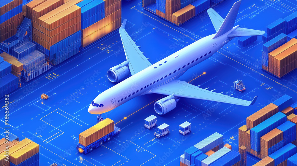 Poster efficient logistics with airplane and containers in vibrant setting