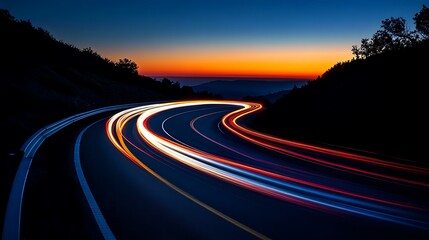 Naklejka premium Evening view of the road with fast moving object with continues light ray stretched over the road