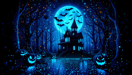 Ultraviolet light art with blue glowing dots forest and Halloween concept background 
