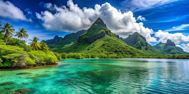 Tranquil Kosrae Island features lush greenery and crystal-clear waters, creating a serene coastal landscape that's