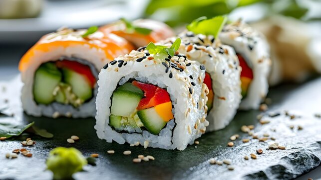 Colorful sushi rolls on a dark stone plate.