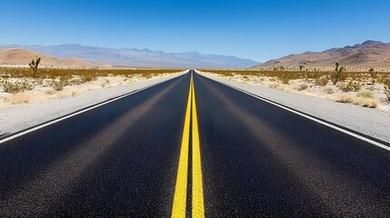 Naklejka premium A vast, open road stretching into the distance, surrounded by arid landscape under a clear blue sky. Ideal for travel themes.