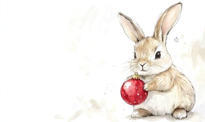 A rabbit is holding a red ball in its mouth