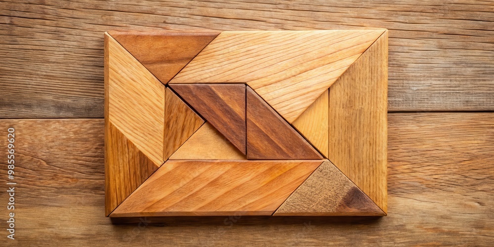Poster Tangram puzzle in square shape with one triangle piece on wooden board