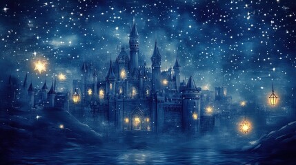 Fototapeta premium A dreamy pastel navy and silver castle under a starry sky, softly lit by lanterns, with star-shaped windows glowing gently, surrounded by delicate stars, vector art